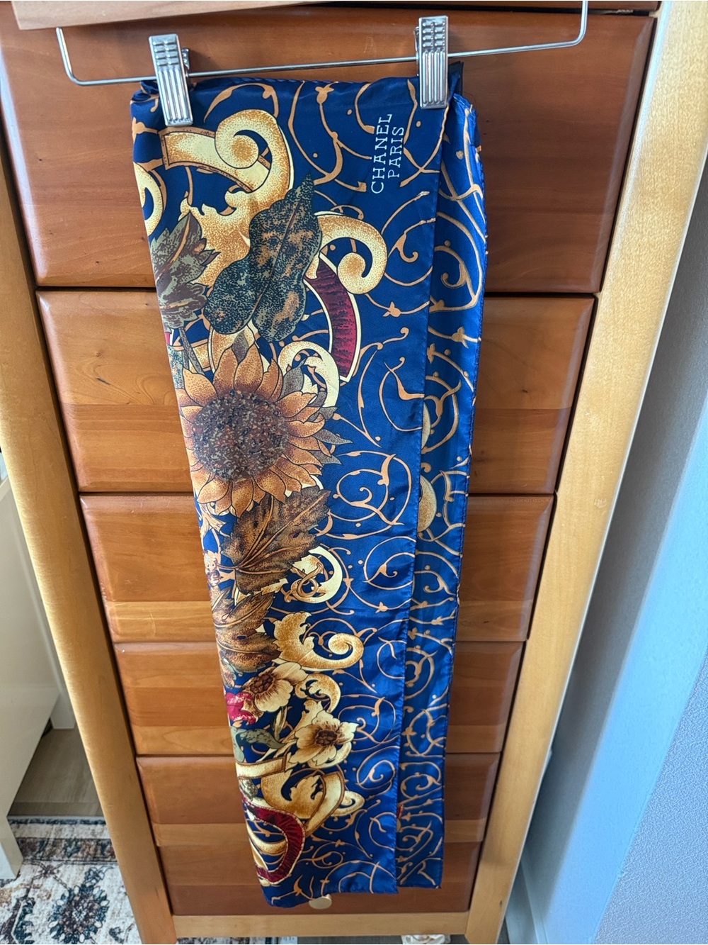 CHANEL Vintage Blue & Gold 100% Silk Scarf